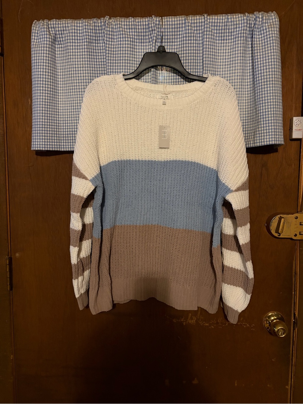 Maurices Cream, Blue, and Taupe Striped Crewneck Sweater